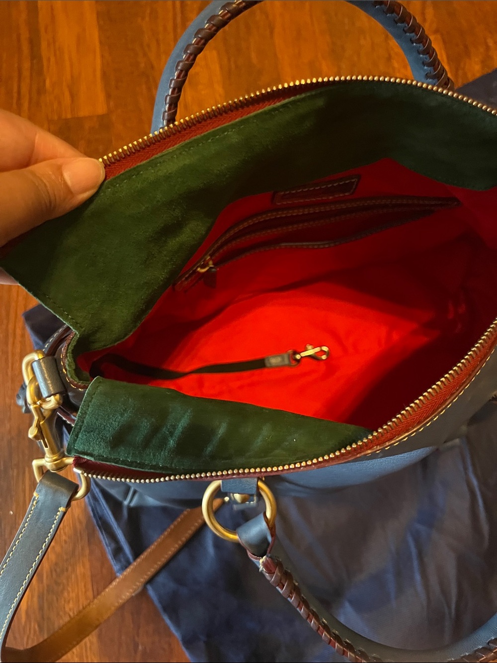 Dooney & Bourke Navy Leather Duffel with Tan Trim - Picture 5 of 8
